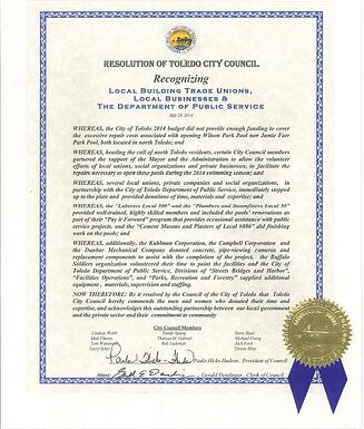 Toledo City Council resolution honoring UA Local 50.