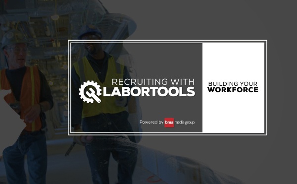 Recruiting with LaborTools — two workers walking and discussing construction plans as third worker's overlaid face looks off into the distance.