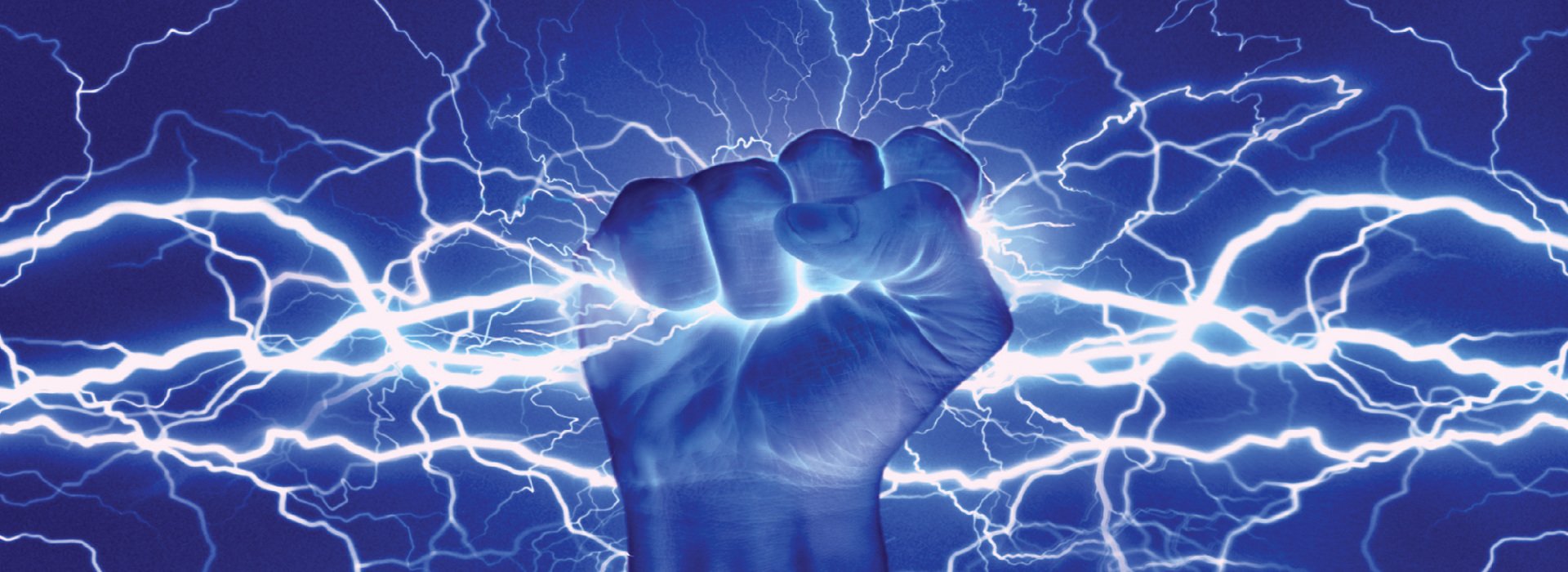 Fist capturing lighting raised in air.