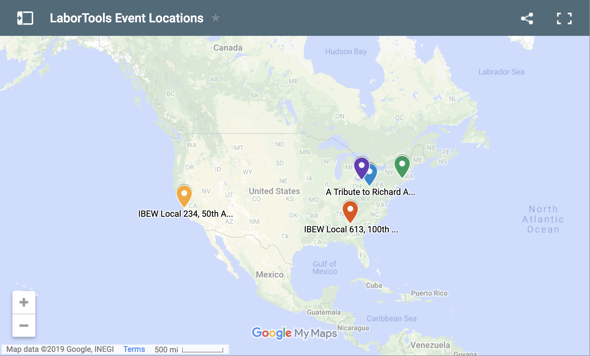 A Google Map showing all of the events around the country that LaborTools has developed